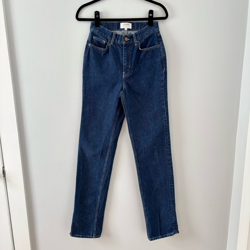 La Ligne High-Rise Straight Slim Jean Dark Wash Denim Bottoms 100% Cotton Blue